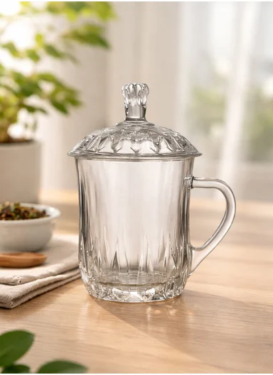 350ml Heat-Resistant Glass Tea Cup With Lid &amp; Elegant Handle (D8 x H16)cm