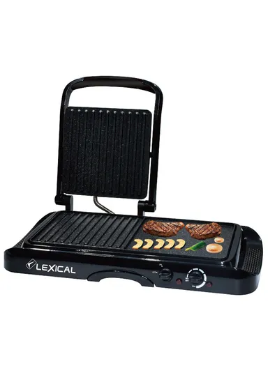 1600W 2-in-1 Contact Grill &amp; Electric Griddle with Non-Stick Granite Plates, Drip Tray, Overheat Protection &amp; Indicator Lights LSM-2550-2 – Black
