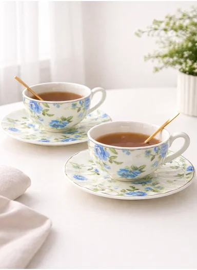 2 Pieces 190ml Floral Ceramic Tea Cup For Two People Withe 2 Pieces Saucers-Blue