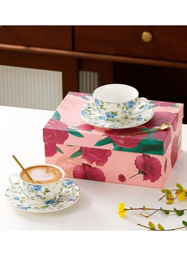 2 Pieces 190ml Floral Ceramic Tea Cup For Two People Withe 2 Pieces Saucers-Blue