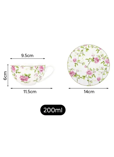 2 Pieces 190ml Floral Ceramic Tea Cup For Two People Withe 2 Pieces Saucers-Blue
