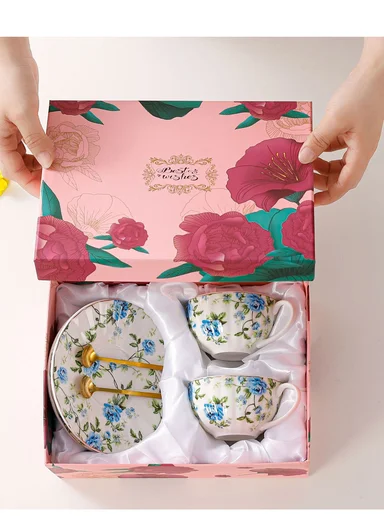 2 Pieces 190ml Floral Ceramic Tea Cup For Two People Withe 2 Pieces Saucers-Blue