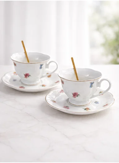 2-Pcs Elegant Ceramic Multipurpose Cups Set With Matching 2 Spoons &amp; Floral Design (D15 x H9)cm