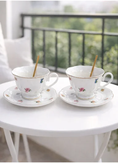 2-Pcs Elegant Ceramic Multipurpose Cups Set With Matching 2 Spoons &amp; Floral Design (D15 x H9)cm