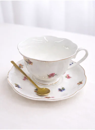 2-Pcs Elegant Ceramic Multipurpose Cups Set With Matching 2 Spoons &amp; Floral Design (D15 x H9)cm