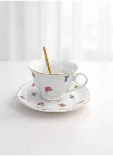 2-Pcs Elegant Ceramic Multipurpose Cups Set With Matching 2 Spoons &amp; Floral Design (D15 x H9)cm