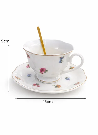 2-Pcs Elegant Ceramic Multipurpose Cups Set With Matching 2 Spoons &amp; Floral Design (D15 x H9)cm