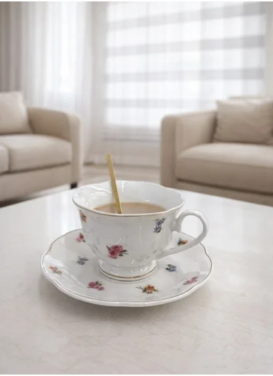 2-Pcs Elegant Ceramic Multipurpose Cups Set With Matching 2 Spoons &amp; Floral Design (D15 x H9)cm