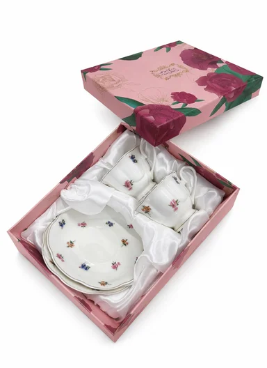 2-Pcs Elegant Ceramic Multipurpose Cups Set With Matching 2 Spoons &amp; Floral Design (D15 x H9)cm