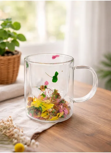250ml Double-Wall Transparent Drinking Cup With Dried Flower Design (D8 x H10)cm
