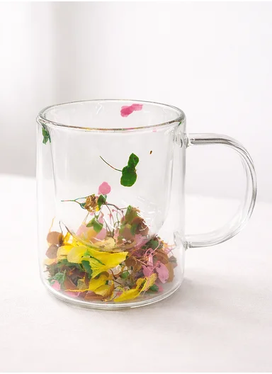 250ml Double-Wall Transparent Drinking Cup With Dried Flower Design (D8 x H10)cm