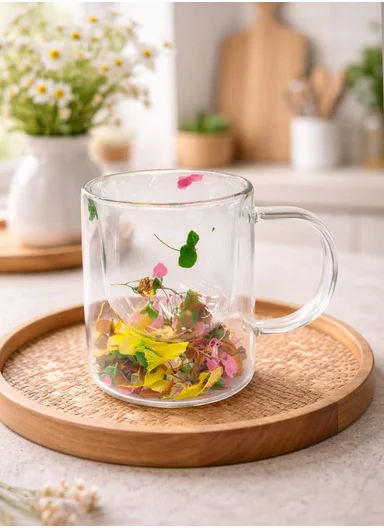 250ml Double-Wall Transparent Drinking Cup With Dried Flower Design (D8 x H10)cm