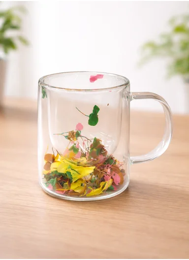 250ml Double-Wall Transparent Drinking Cup With Dried Flower Design (D8 x H10)cm