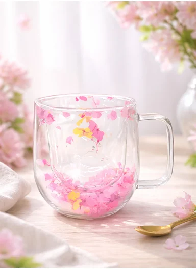 250ml Double-Wall Transparent Drinking Cup With Dried Flower Design (D7.5 x H10)cm - Pink