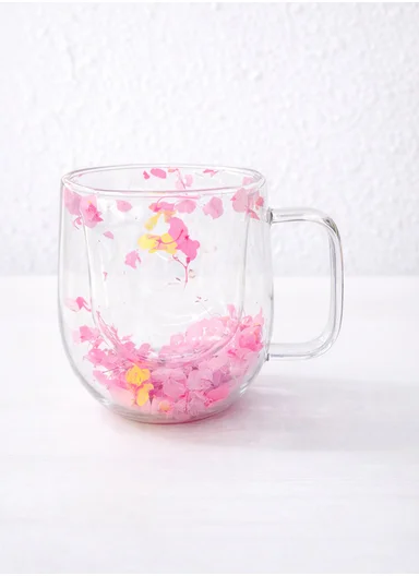 250ml Double-Wall Transparent Drinking Cup With Dried Flower Design (D7.5 x H10)cm - Pink