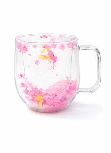 250ml Double-Wall Transparent Drinking Cup With Dried Flower Design (D7.5 x H10)cm - Pink