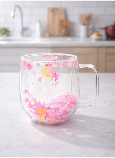 250ml Double-Wall Transparent Drinking Cup With Dried Flower Design (D7.5 x H10)cm - Pink
