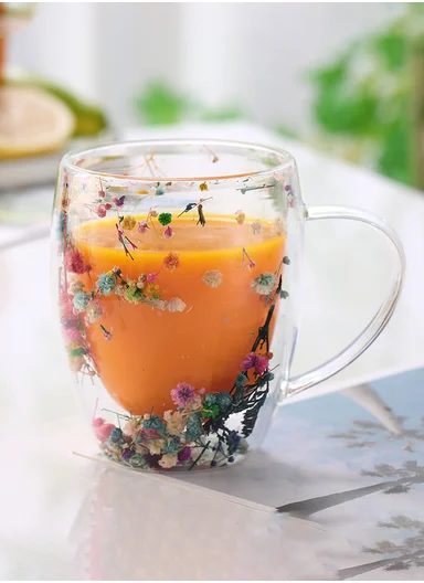 350ml Double-Wall Transparent Drinking Cup With Dried Flower Design (D9 x H11)cm