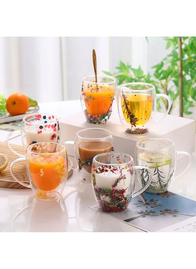 350ml Double-Wall Transparent Drinking Cup With Dried Flower Design (D9 x H11)cm