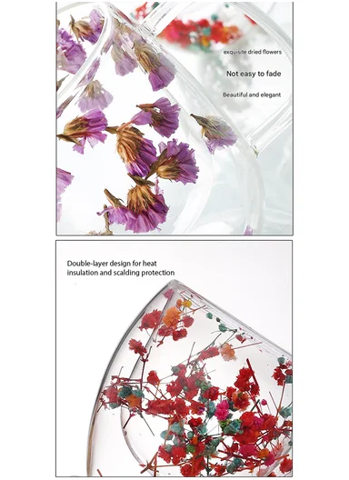 350ml Double-Wall Transparent Drinking Cup With Dried Flower Design (D9 x H11)cm