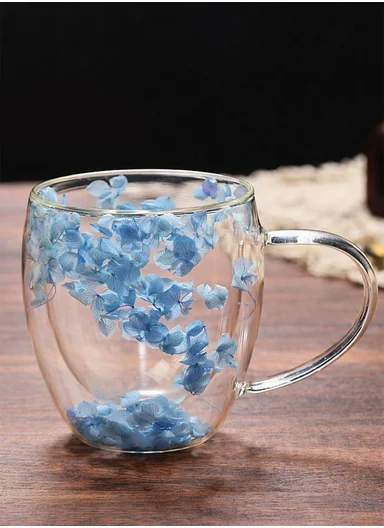 250ml Double-Wall Transparent Drinking Cup With Dried Flower Design (D8 x H9)cm - Blue
