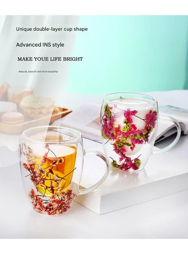 250ml Double-Wall Transparent Drinking Cup With Dried Flower Design (D8 x H9)cm - Blue