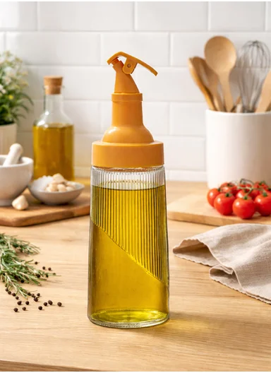 380ml Glass Oil Control Bottle with Hawk-Bill Spout, One-Hand Press Dispenser (D6.5 x H23)cm - Orange