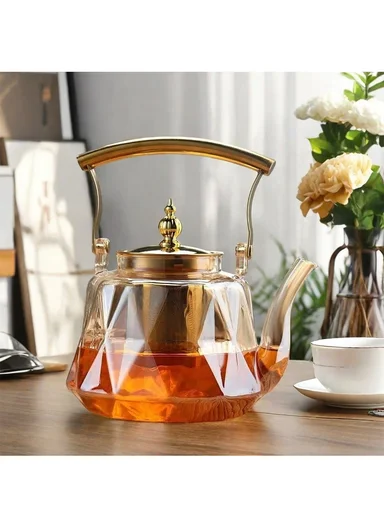 1500ml Heat-Resistant Glass Teapot With Removable Stainless Steel Infuser &amp; Handle (D15 x H14)cm - Gold