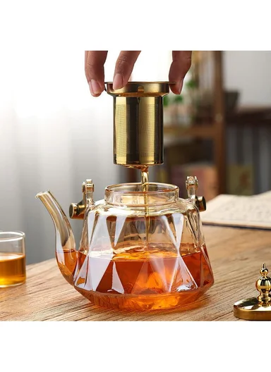 1500ml Heat-Resistant Glass Teapot With Removable Stainless Steel Infuser &amp; Handle (D15 x H14)cm - Gold
