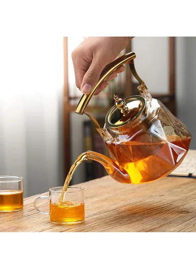 1500ml Heat-Resistant Glass Teapot With Removable Stainless Steel Infuser &amp; Handle (D15 x H14)cm - Gold