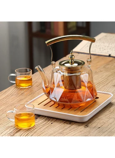 1500ml Heat-Resistant Glass Teapot With Removable Stainless Steel Infuser &amp; Handle (D15 x H14)cm - Gold