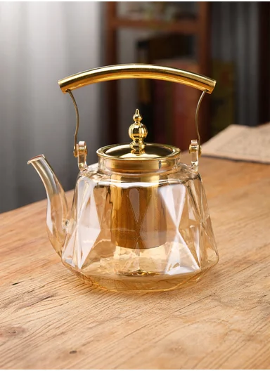 1500ml Heat-Resistant Glass Teapot With Removable Stainless Steel Infuser &amp; Handle (D15 x H14)cm - Gold