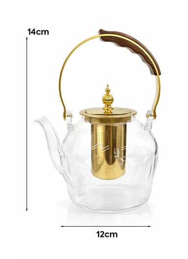 1200ML Luxury Heat-Resistant Glass TeaPot With Stainless Steel Infuser &amp; Gold Handle (D12 x H14)cm 