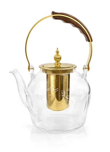 1200ML Luxury Heat-Resistant Glass TeaPot With Stainless Steel Infuser &amp; Gold Handle (D12 x H14)cm 