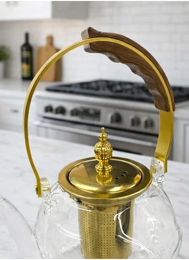 1200ML Luxury Heat-Resistant Glass TeaPot With Stainless Steel Infuser &amp; Gold Handle (D12 x H14)cm 