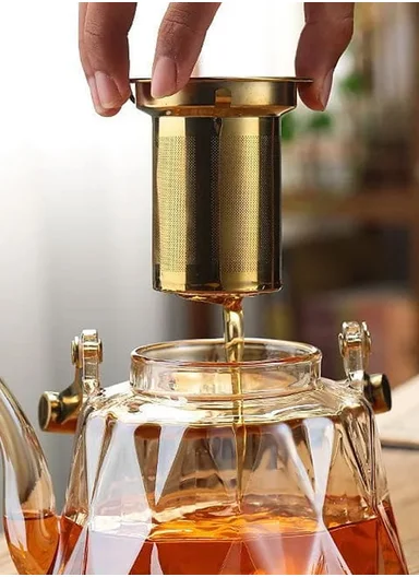 1200ML Luxury Heat-Resistant Glass TeaPot With Stainless Steel Infuser &amp; Gold Handle (D12 x H14)cm 