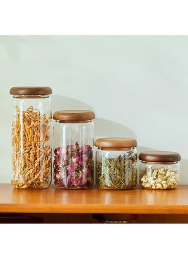 5Pcs Premium Glass Food Storage Jar Set With Acacia Wood Lids 