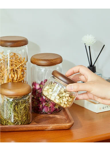 5Pcs Premium Glass Food Storage Jar Set With Acacia Wood Lids 