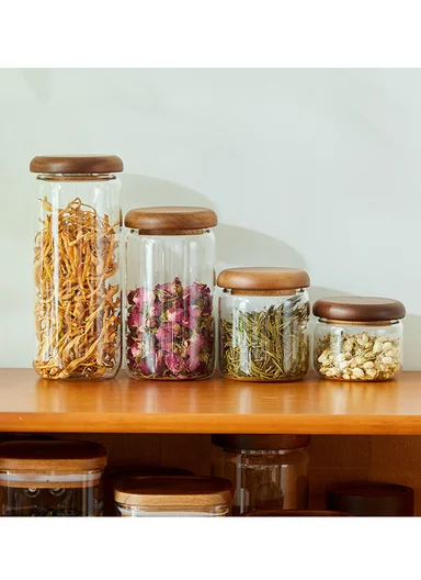 5Pcs Premium Glass Food Storage Jar Set With Acacia Wood Lids 
