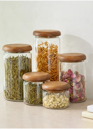 5Pcs Premium Glass Food Storage Jar Set With Acacia Wood Lids 