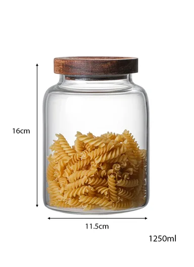 1250ml Clear Glass Storage Jar With Wooden Lid, Wide Mouth Design (D11.5 x H16)cm