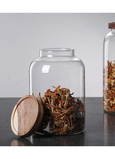 1250ml Clear Glass Storage Jar With Wooden Lid, Wide Mouth Design (D11.5 x H16)cm
