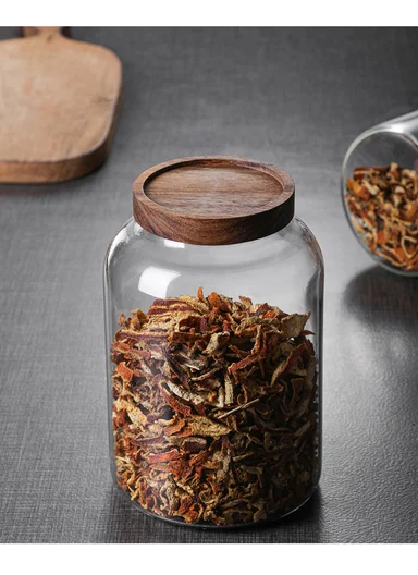 1250ml Clear Glass Storage Jar With Wooden Lid, Wide Mouth Design (D11.5 x H16)cm