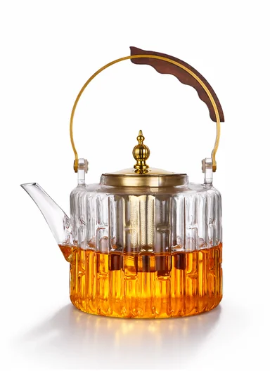 1200ml Round Heat-Resistant Glass Teapot With Removable Stainless Steel Infuser &amp; Handle (D13 x H12)cm - Gold