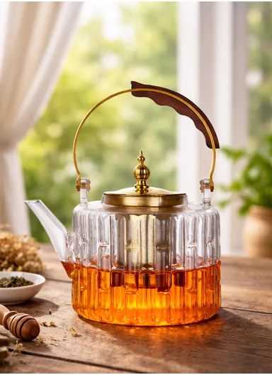 1200ml Round Heat-Resistant Glass Teapot With Removable Stainless Steel Infuser &amp; Handle (D13 x H12)cm - Gold