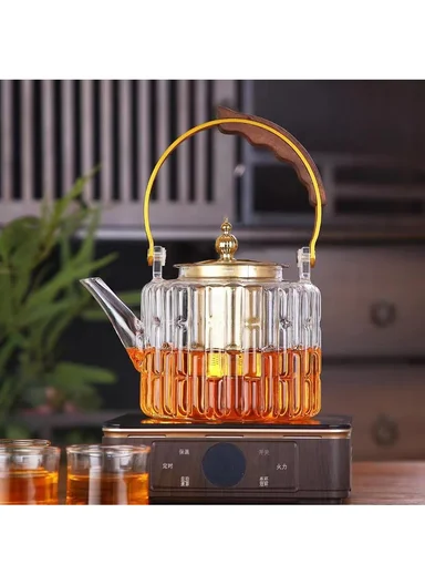 1200ml Round Heat-Resistant Glass Teapot With Removable Stainless Steel Infuser &amp; Handle (D13 x H12)cm - Gold