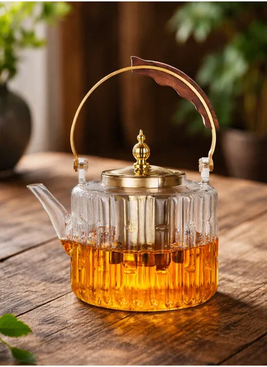 1200ml Round Heat-Resistant Glass Teapot With Removable Stainless Steel Infuser &amp; Handle (D13 x H12)cm - Gold