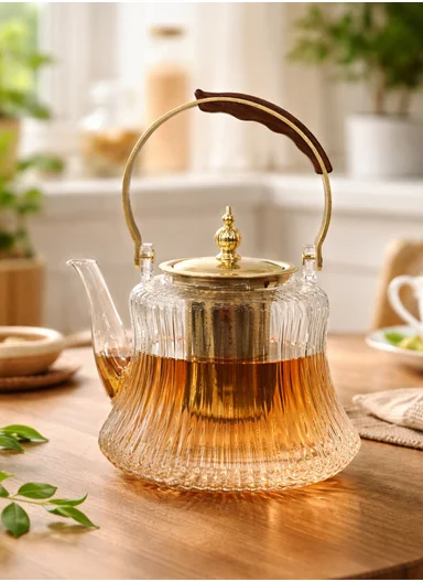 1200ml Heat-Resistant Glass Teapot With Removable Stainless Steel Infuser, Handle &amp; Ribbed Design (D14 x H17)cm - Gold