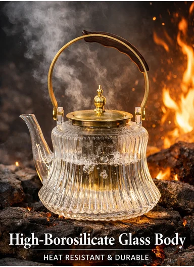 1200ml Heat-Resistant Glass Teapot With Removable Stainless Steel Infuser, Handle &amp; Ribbed Design (D14 x H17)cm - Gold