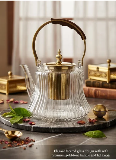 1200ml Heat-Resistant Glass Teapot With Removable Stainless Steel Infuser, Handle &amp; Ribbed Design (D14 x H17)cm - Gold